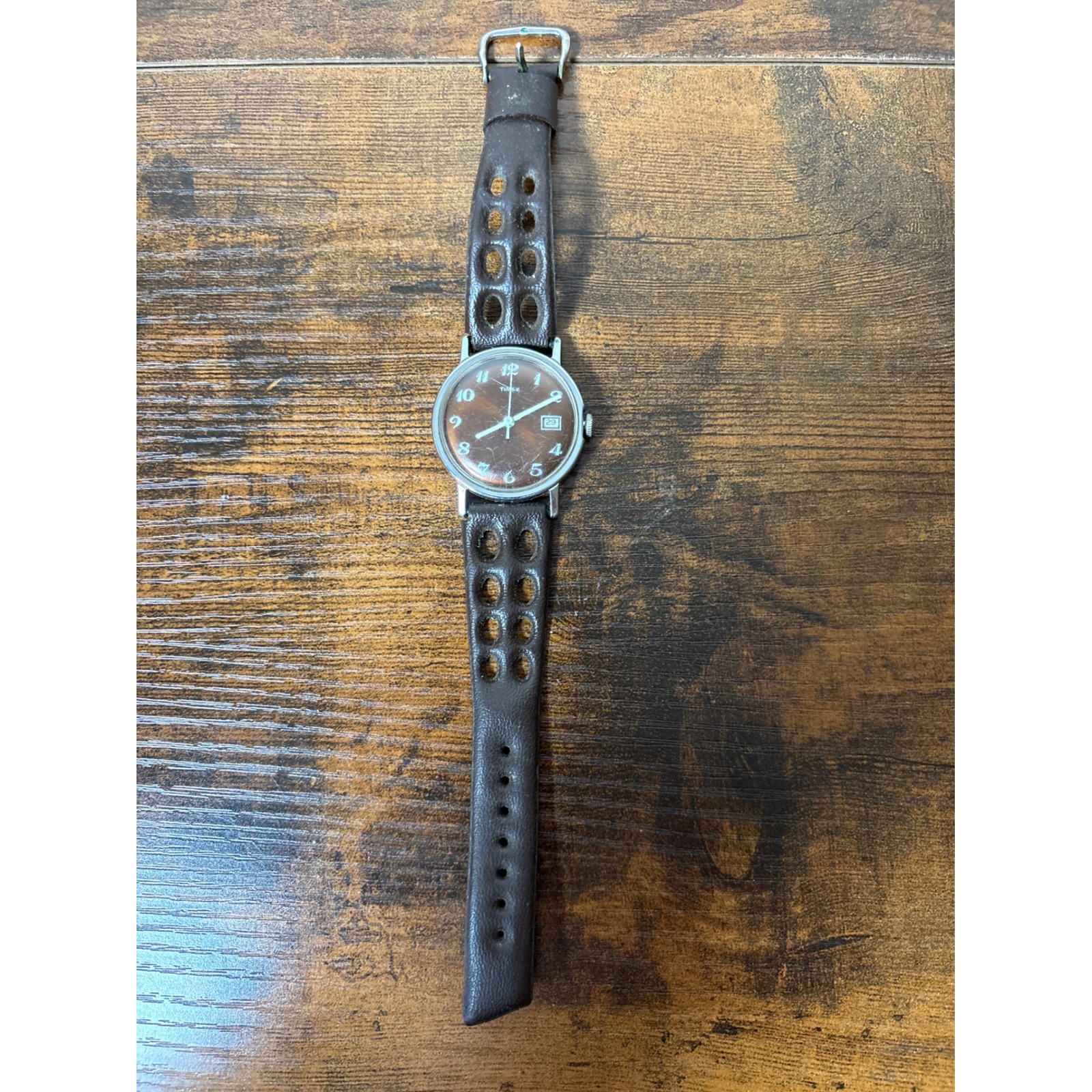 Vintage Timex Manual Wind Watch Brown Dial Rally Strap Date 1970s Silver Case